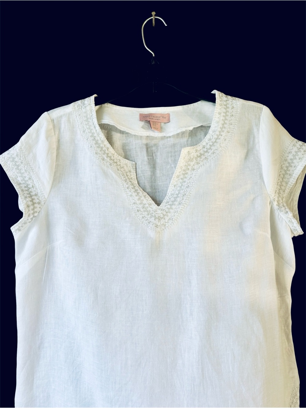 Saint Tropez West 100% Linen Top White With Sparkle Stitching Trim Medium